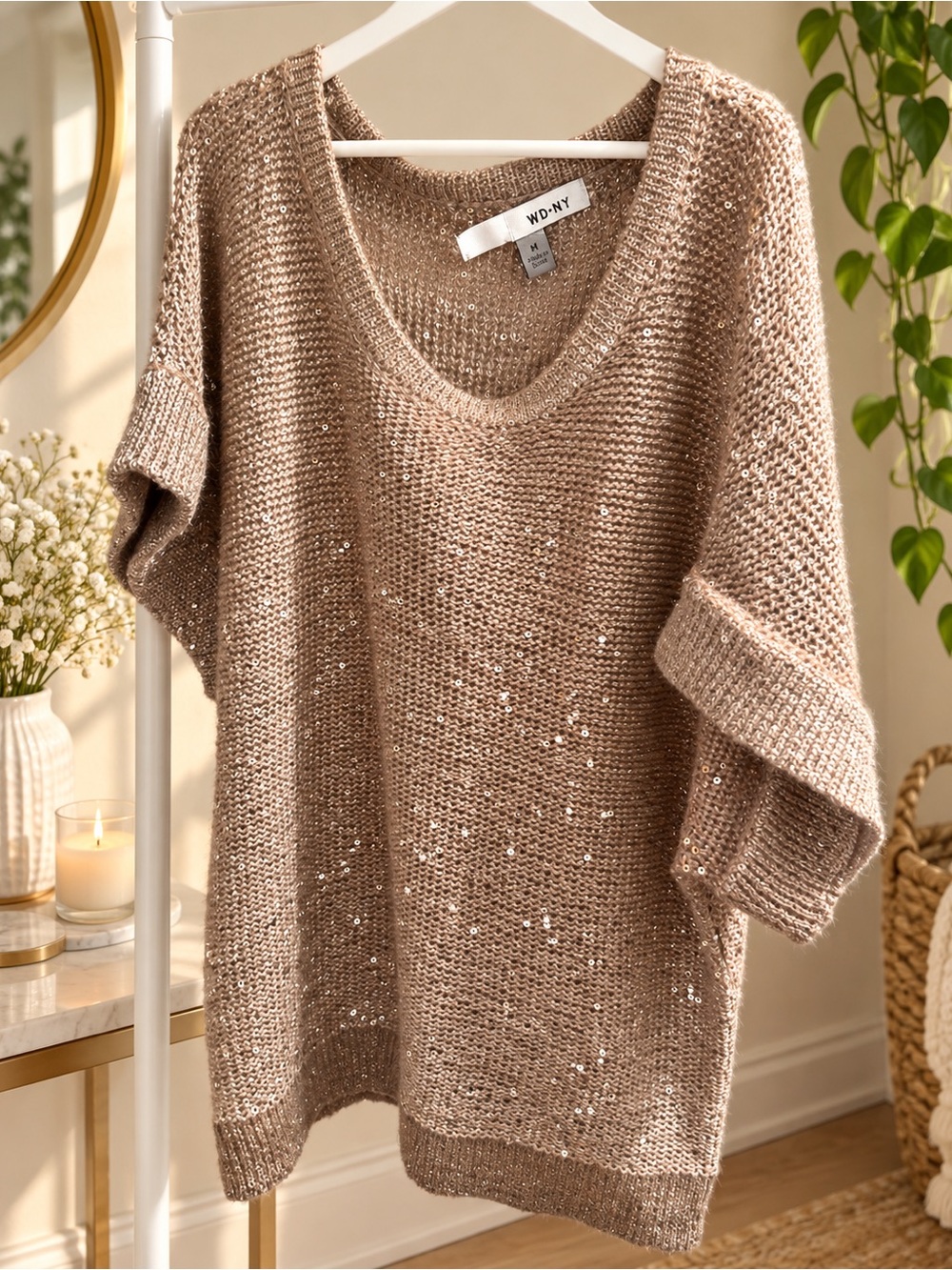 WD.NY Neutral Taupe Sequin V-Neck Sweater